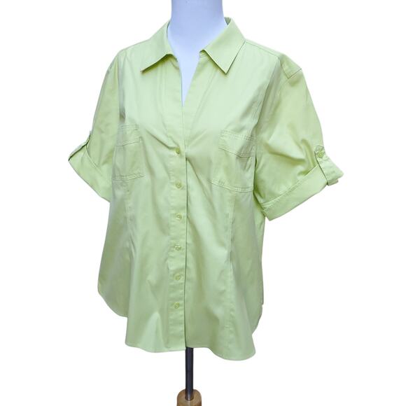 Chico's Yellow Green No Iron Button Down Short Sleeve Shirt Roll Tab Chicos 3 XL - Picture 8 of 16